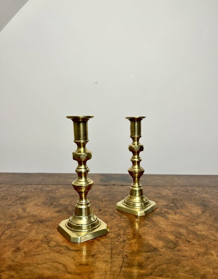 Antique Lovely pair of antique Victorian small brass candlesticks 