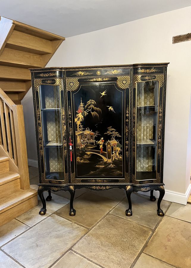 Large antique Edwardian quality chinoiserie decorated display cabinet