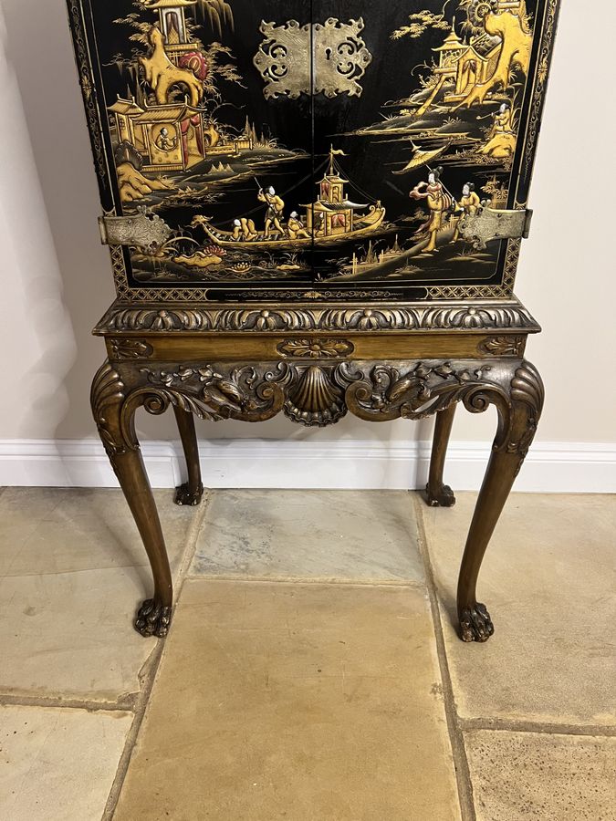 Antique Outstanding quality antique Edwardian chinoiserie decorated cabinet on a stand