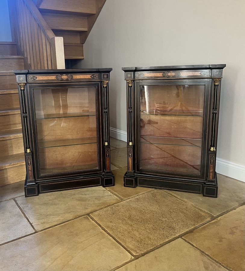 Pair of antique Victorian quality ebonised and amboyna inlaid side cabinets