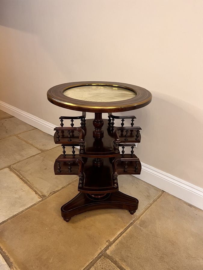 Antique Unusual antique Victorian quality mahogany brass inlaid marble top revolving book table 