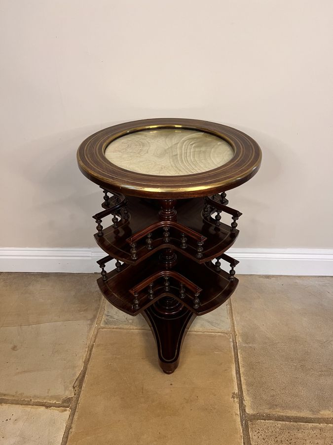 Unusual antique Victorian quality mahogany brass inlaid marble top revolving book table