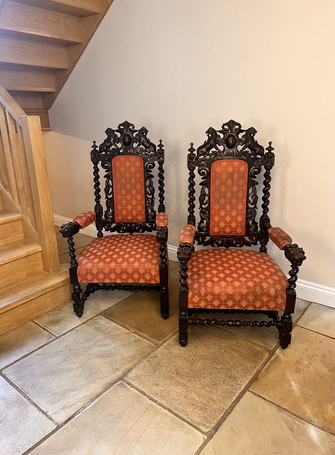 Antique Pair of quality carved oak antique Victorian throne chairs 