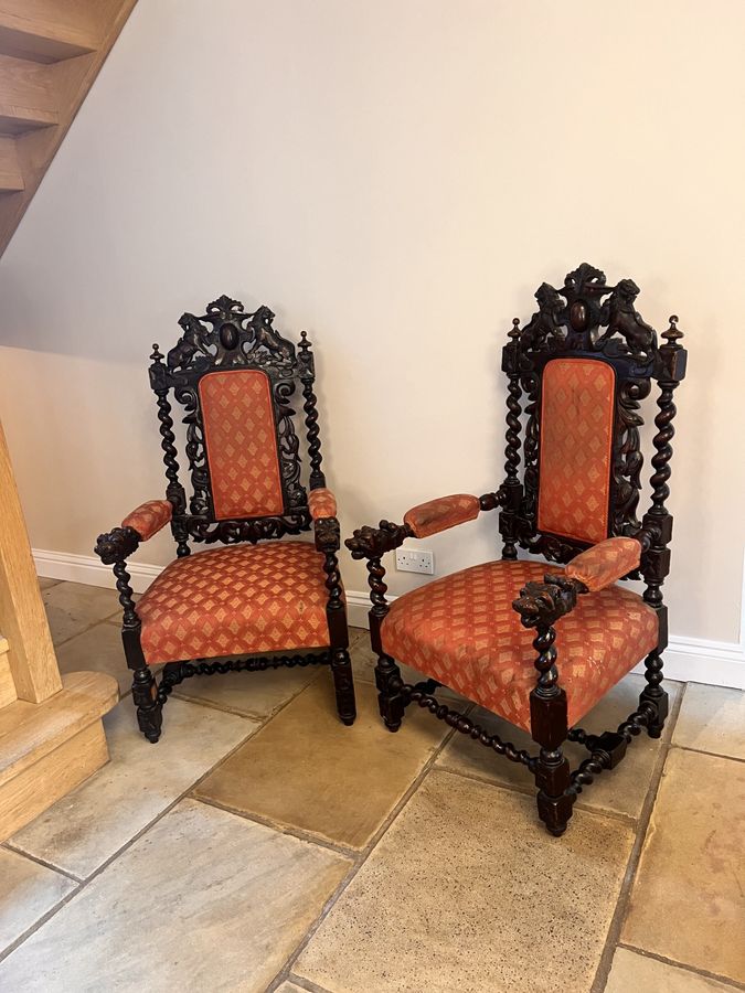 Antique Pair of quality carved oak antique Victorian throne chairs 