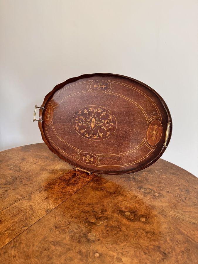 Antique Quality antique Edwardian mahogany inlaid oval tea tray