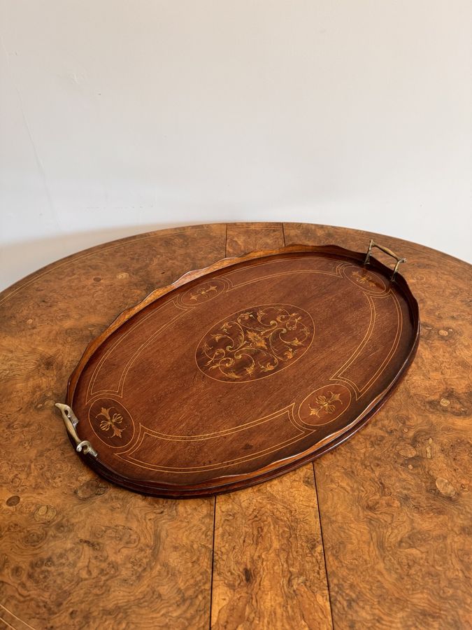 Antique Quality antique Edwardian mahogany inlaid oval tea tray