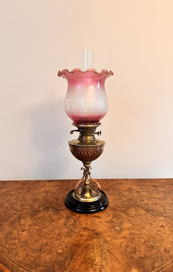 Antique Stunning quality antique arts and crafts brass and copper oil lamp 