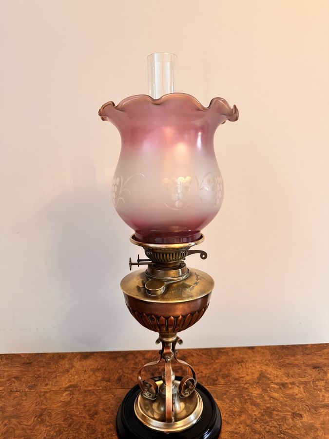 Antique Stunning quality antique arts and crafts brass and copper oil lamp 