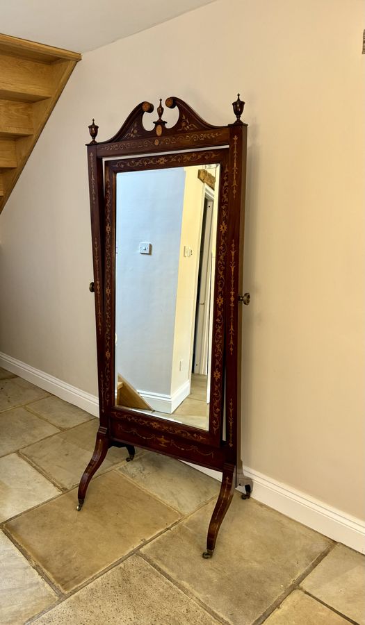 Antique Superb quality antique Victorian mahogany inlaid cheval mirror 