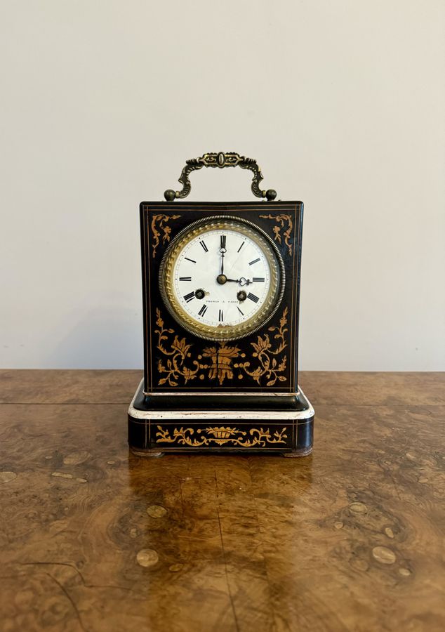 Antique Fine quality antique 19th century marquetry inlaid mantle clock by Thomas A Paris 