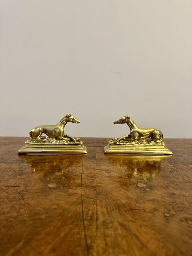Antique Unusual pair of antique Edwardian brass greyhound fire dogs 
