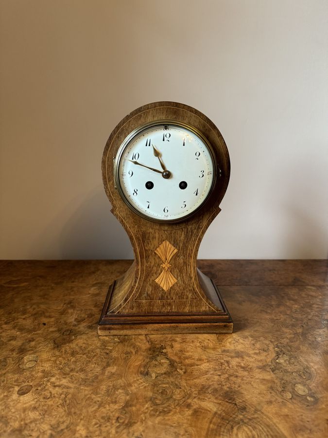 Antique Wonderful quality antique Edwardian mahogany inlaid balloon shaped mantle clock 