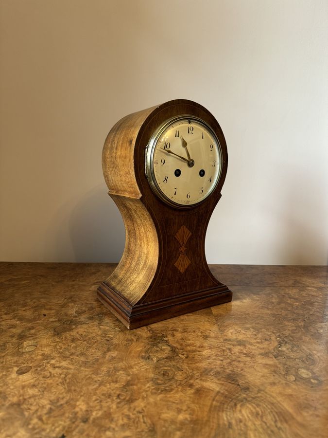 Antique Wonderful quality antique Edwardian mahogany inlaid balloon shaped mantle clock 