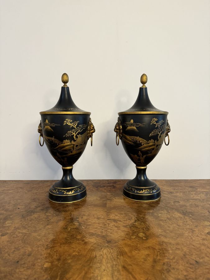 Superb pair of French hand painted toleware chestnut urns