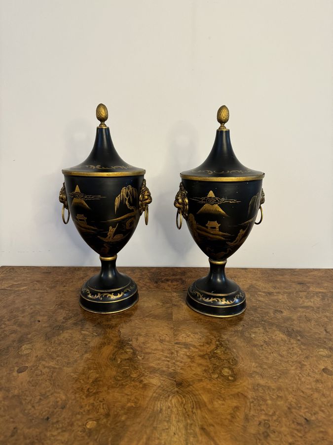 Antique Superb pair of French hand painted toleware chestnut urns 