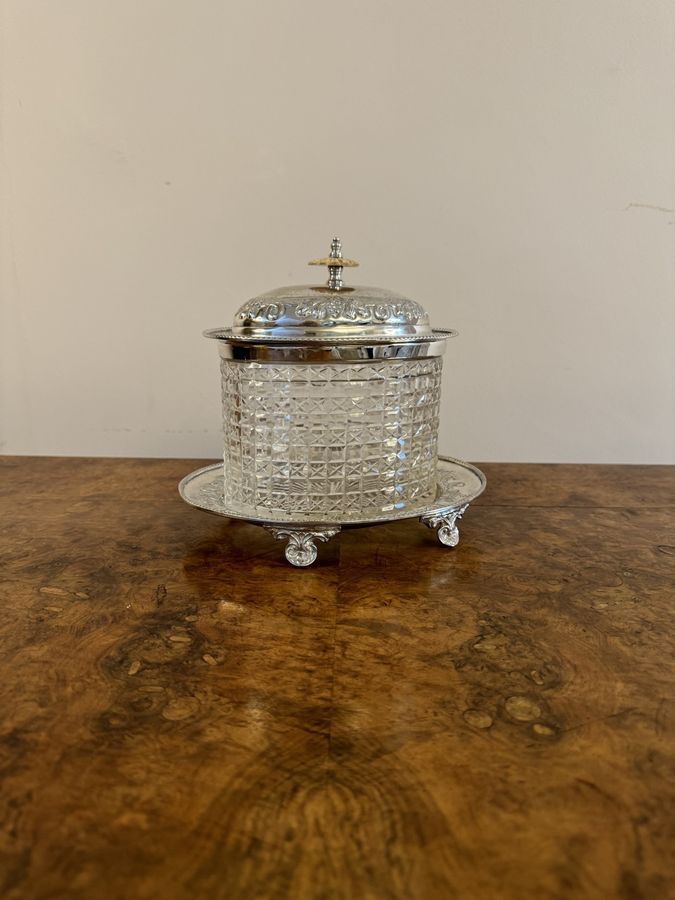 Antique Wonderful quality antique Edwardian cut glass silver plated biscuit barrel 