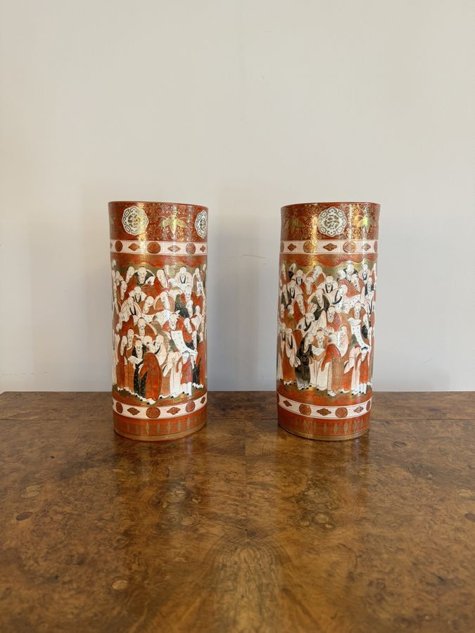 Outstanding quality pair of 19th century Japanese Kutani cylindrical vases