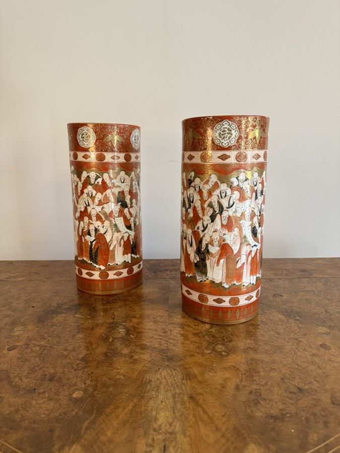 Antique Outstanding quality pair of 19th century Japanese Kutani cylindrical vases 