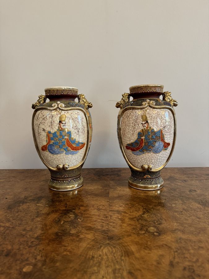 Unusual pair of antique 19th century quality Japanese satsuma vases
