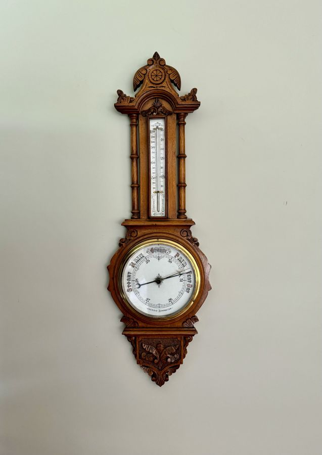 Antique Superb quality antique Victorian carved oak banjo barometer 