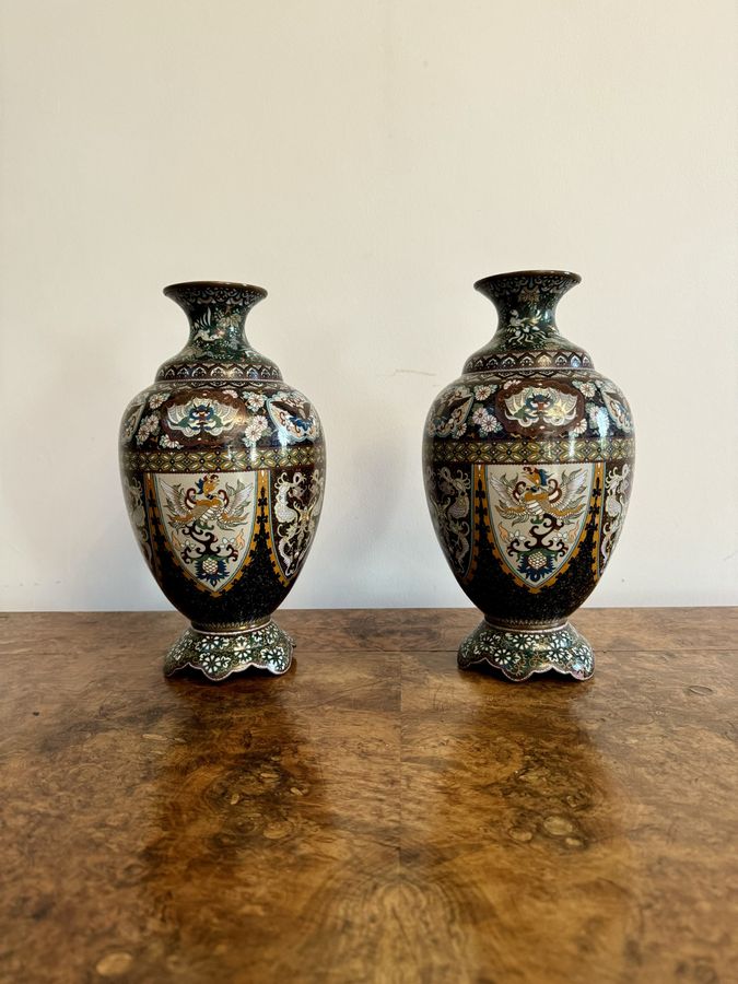 Superb quality pair of antique 19th century cloisonné enamel vases