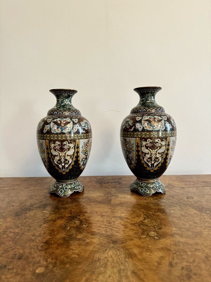 Antique Superb quality pair of antique 19th century cloisonné enamel vases