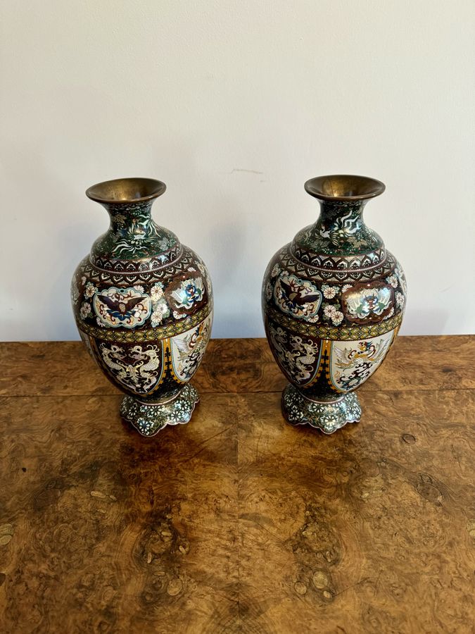 Antique Superb quality pair of antique 19th century cloisonné enamel vases