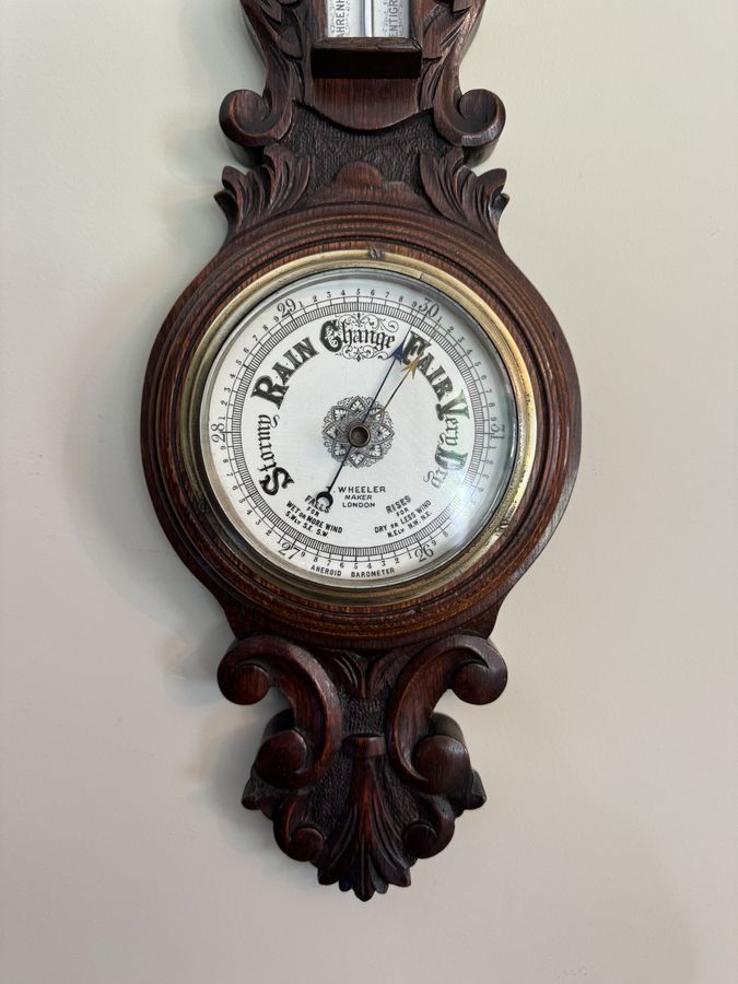 Antique Lovely antique Edwardian carved oak aneroid barometer 