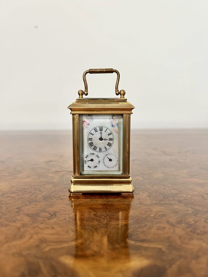 Stunning antique miniature quality brass carriage clock with hand painted porcelain panels