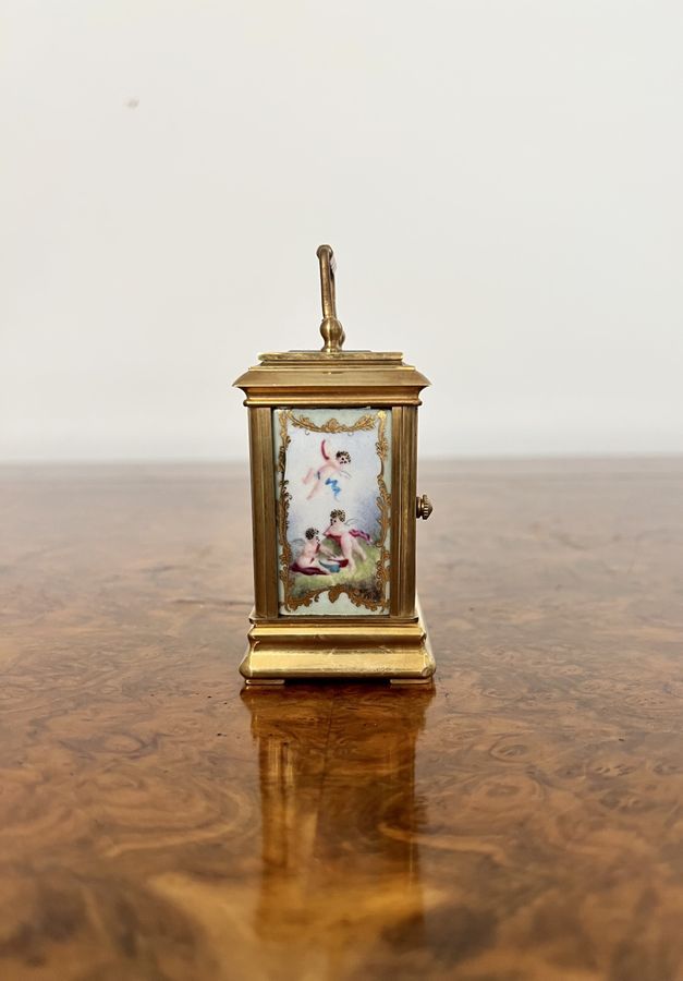 Antique Stunning antique miniature quality brass carriage clock with hand painted porcelain panels