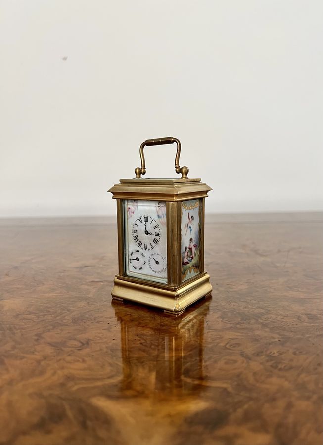 Antique Stunning antique miniature quality brass carriage clock with hand painted porcelain panels