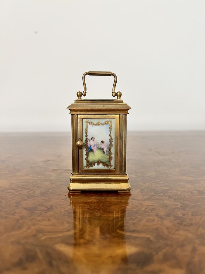 Antique Stunning antique miniature quality brass carriage clock with hand painted porcelain panels