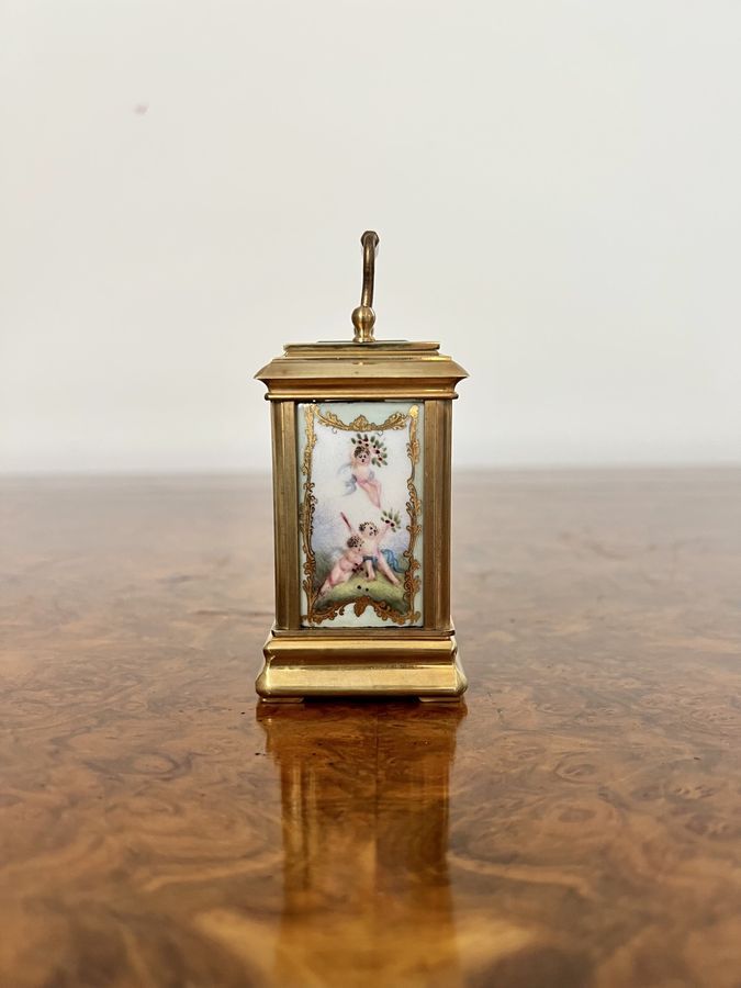 Antique Stunning antique miniature quality brass carriage clock with hand painted porcelain panels