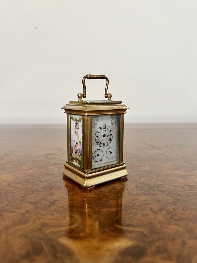 Antique Stunning antique miniature quality brass carriage clock with hand painted porcelain panels