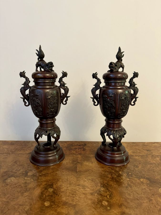 Outstanding quality pair of antique Japanese bronze lidded vases