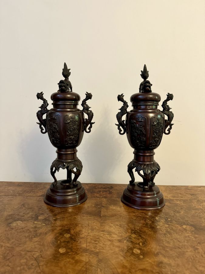 Antique Outstanding quality pair of antique Japanese bronze lidded vases