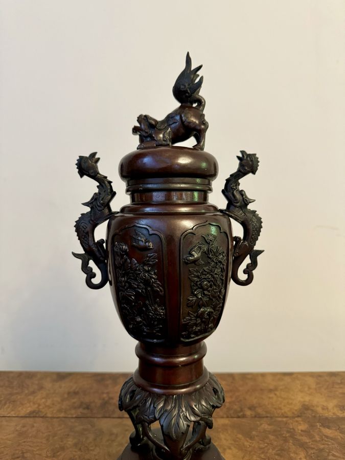 Antique Outstanding quality pair of antique Japanese bronze lidded vases