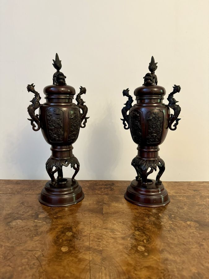 Antique Outstanding quality pair of antique Japanese bronze lidded vases