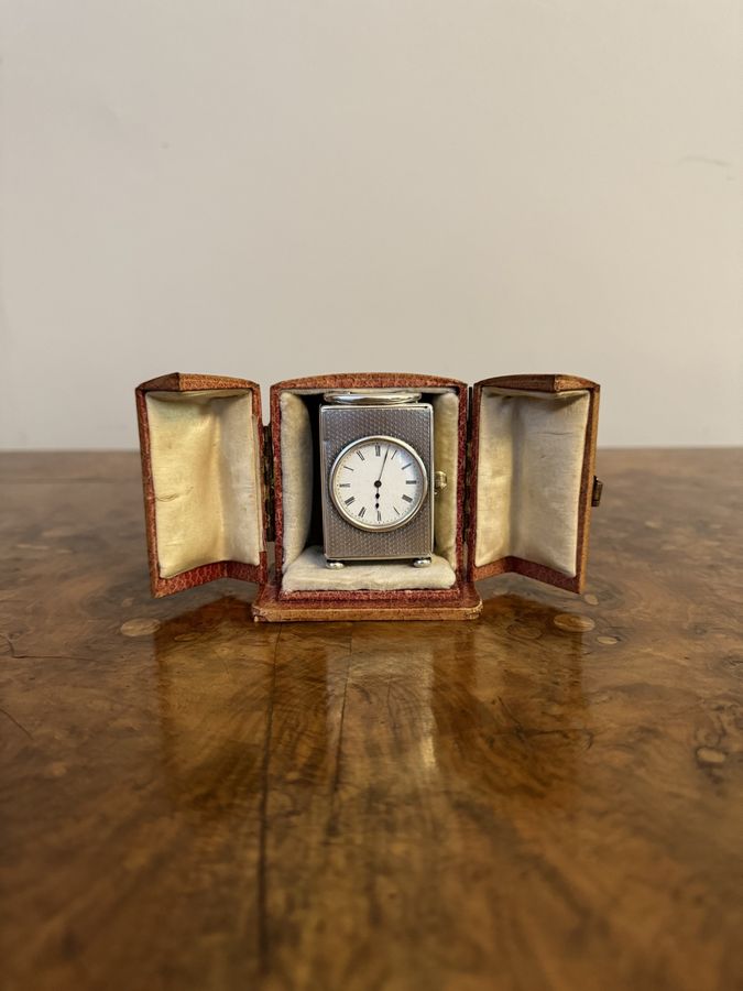 Antique Stunning quality antique Edwardian silver hallmarked miniature carriage clock and leather case 