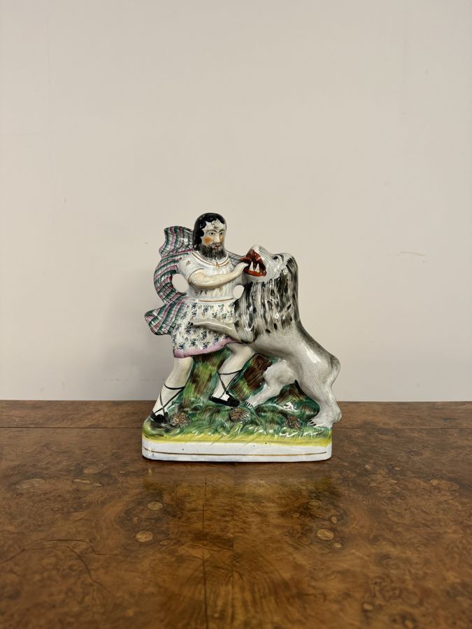 Unusual quality antique Victorian Samson and the lion Staffordshire figure