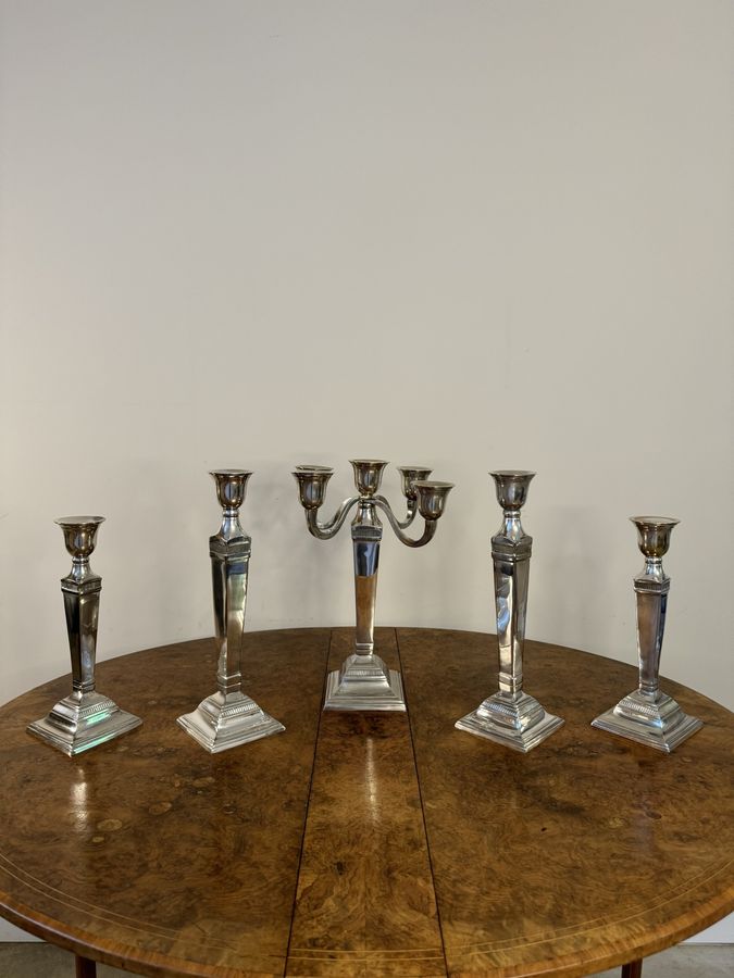 Antique Stunning antique Edwardian suit of five silver plated candlesticks 