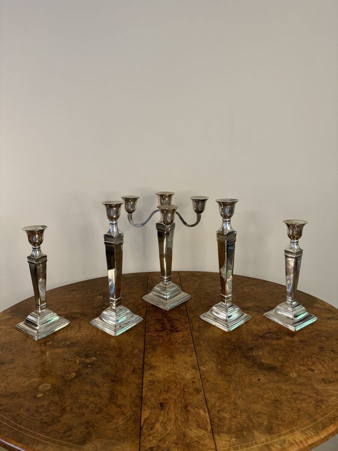 Antique Stunning antique Edwardian suit of five silver plated candlesticks 