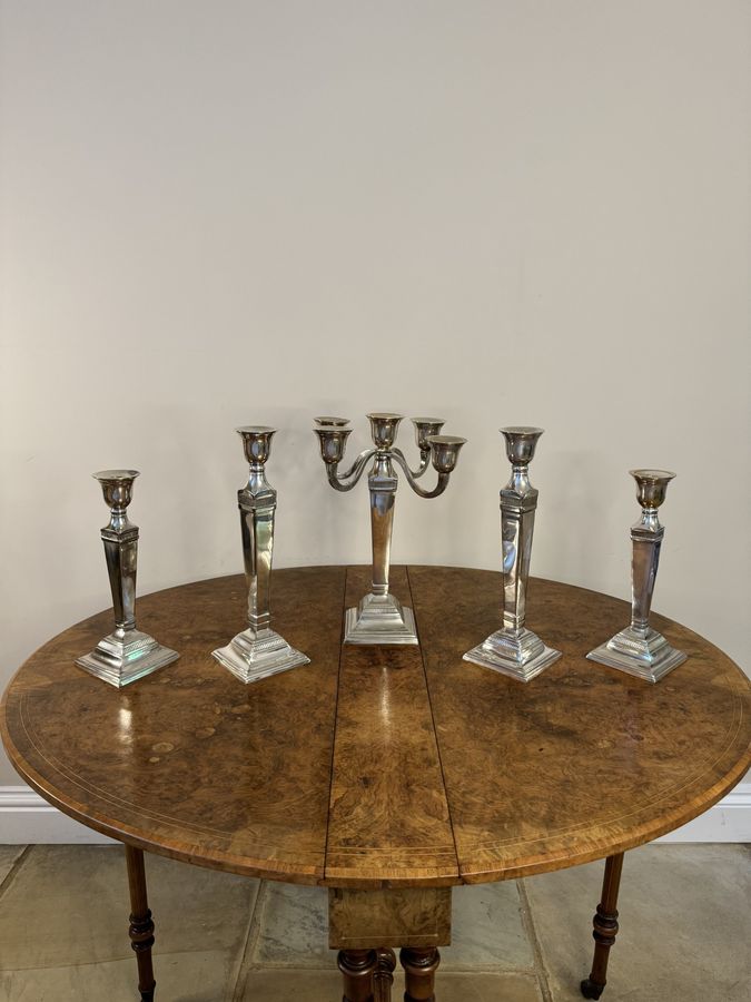 Antique Stunning antique Edwardian suit of five silver plated candlesticks 