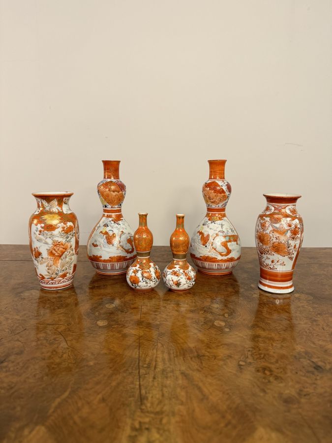 Attractive collection of six antique Japanese Kutani shaped vases