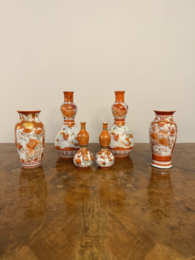 Antique Attractive collection of six antique Japanese Kutani shaped vases 