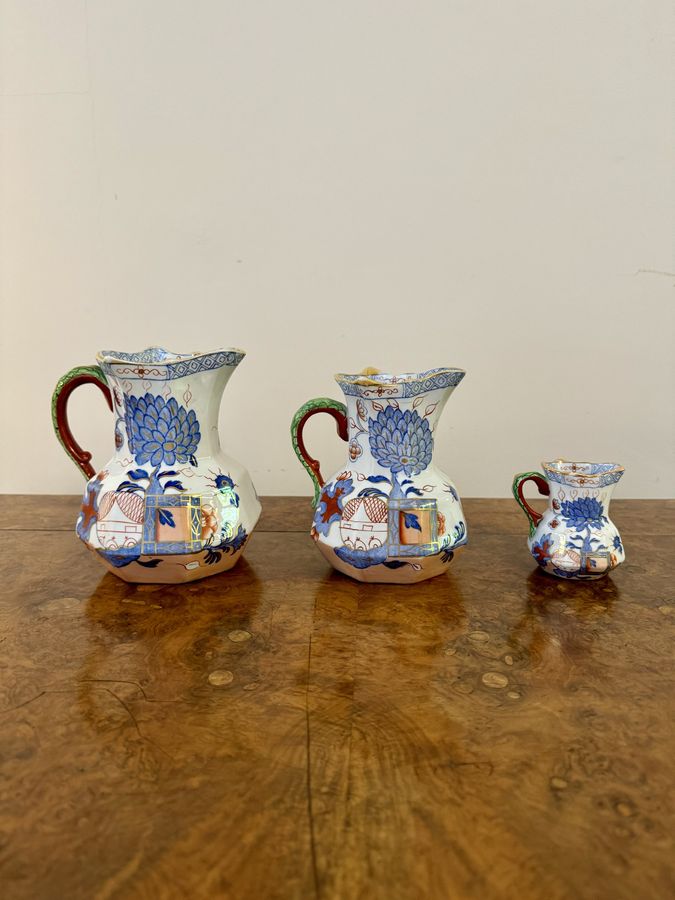 Antique Rare set of three graduated antique Victorian Masons Ironstone Hydra jugs 