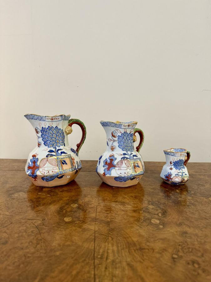 Antique Rare set of three graduated antique Victorian Masons Ironstone Hydra jugs 