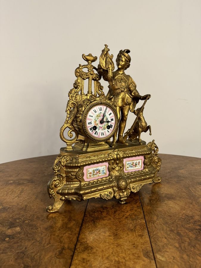 Antique Stunning quality Victorian French 19th century gilt metal and porcelain mantle clock 