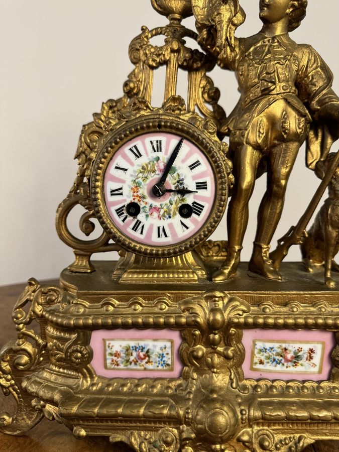 Antique Stunning quality Victorian French 19th century gilt metal and porcelain mantle clock 