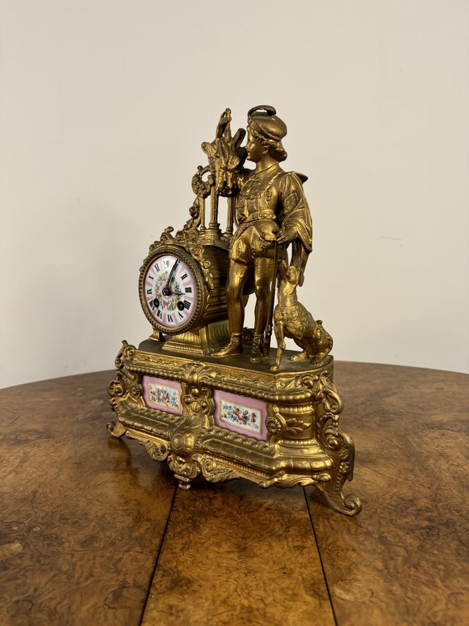 Antique Stunning quality Victorian French 19th century gilt metal and porcelain mantle clock 